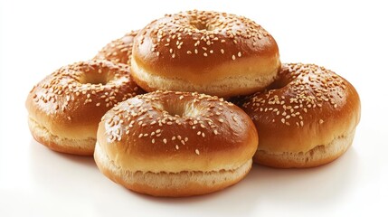 Freshly Baked Sesame Topped Bagels on White Background