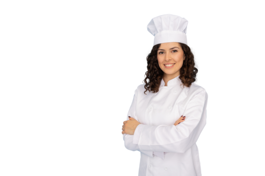 Young Latina chef in professional uniform smiling confidently