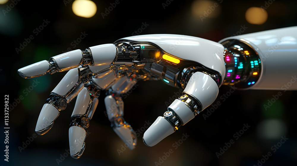 Poster advanced robotic hand, precision engineered for dexterous manipulation, showcasing intricate metalli