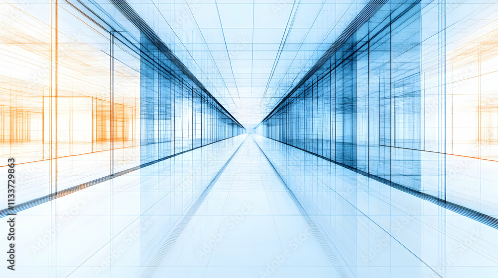 Poster abstract architectural corridor, blueprints of a futuristic space extending infinitely, showcasing i