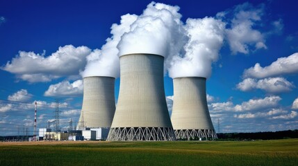 Power Plant with Cooling Towers and Steam Clouds Under Blue Sky