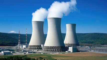 Obraz premium Cooling towers of a nuclear power plant against clear blue sky