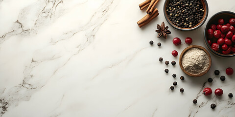 Aromatic Spices & Berries Arranged on Marble, A Culinary Still Life with Cinnamon Sticks, Star Anise, Peppercorns, and Cranberries, Ready for Winter Baking.