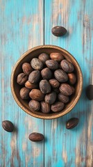 Wooden Bowl Filled With Shea Nuts On Blue Wood
