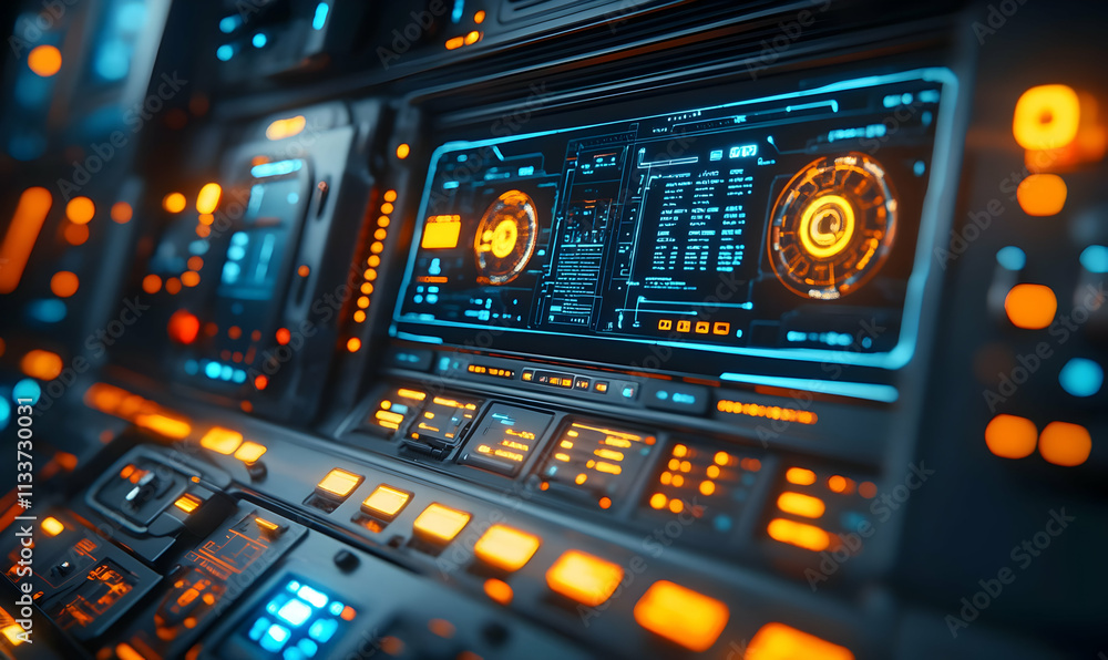 Poster futuristic control panel with glowing displays and buttons.