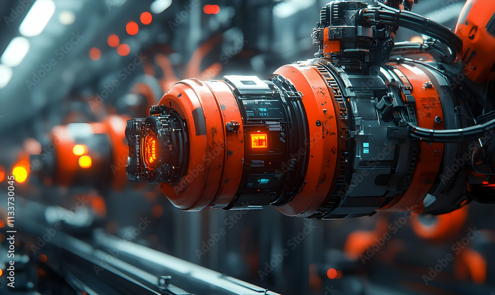 Poster close-up of a futuristic robotic component in an industrial setting.