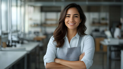 Fototapeta premium Confident Entrepreneur Smiling in Her Workshop, Building Her Business with Passion and Determination.