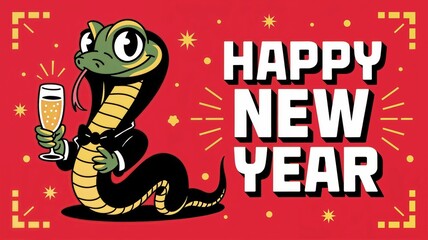 New Year's card featuring a snake in a tuxedo making a toast on a red background, with the message "Happy New Year"