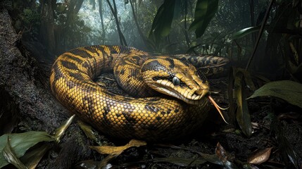Majestic Yellow Python Slithering Through Lush Rainforest Habitat