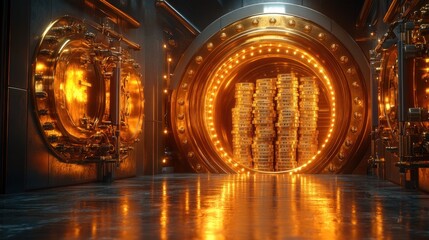 Gold bars inside a shiny vault with golden glow lighting up room.