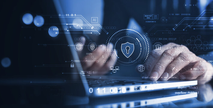 Cyber security network. Data protection concept. Businessman using laptop computer with digital padlock on internet technology networking with cloud computing and data management, cybersecurity