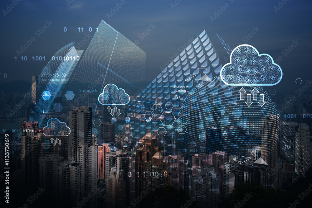 Fototapete cloud computing concept. software as a service. saas. smart city with cloud technology, edge computi