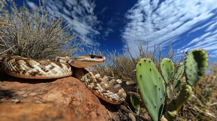 Naklejka premium Brown Desert Snake Coiled Among Cacti under Dramatic Blue Sky