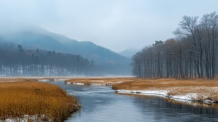 Fototapeta premium A river with a snowy bank and a forest in the background. The water is calm and the sky is cloudy