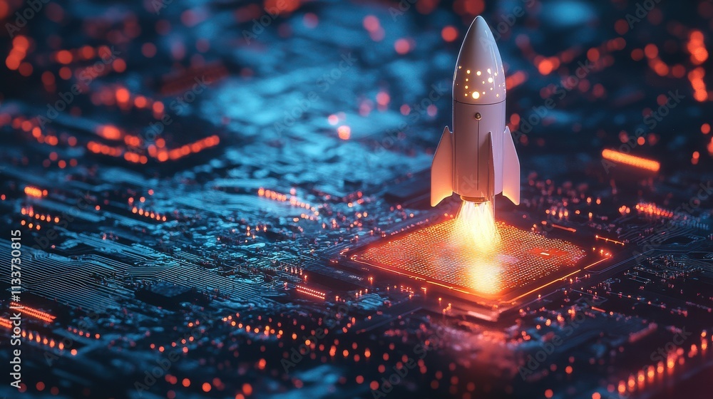 Poster rocket launching from computer circuit board digital technology