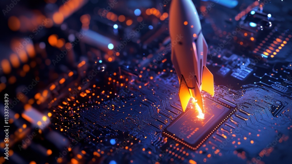 Poster rocket launching from circuit board with glowing elements