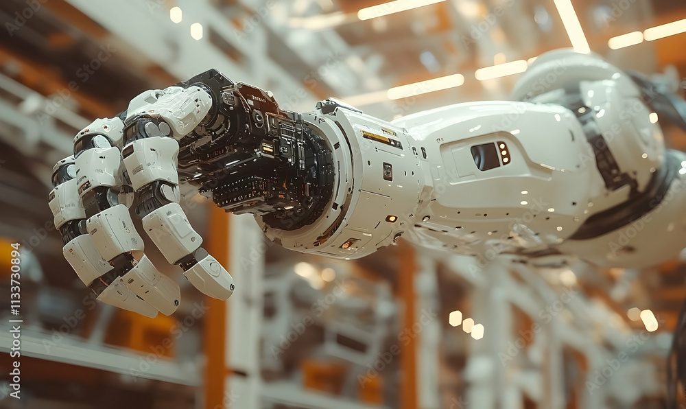 Poster a close-up of a robotic arm showcasing advanced technology and design in an industrial setting.