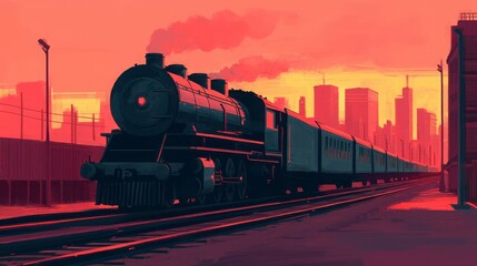 Obraz premium Vintage Train Traveling Through Urban Landscape at Sunset