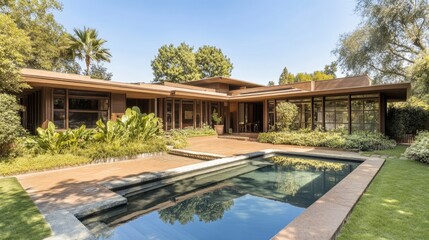 Modern house exterior with pool and lush garden in sunny setting