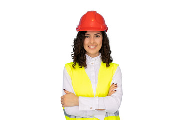 Smiling Latina woman in engineering attire with safety equipment