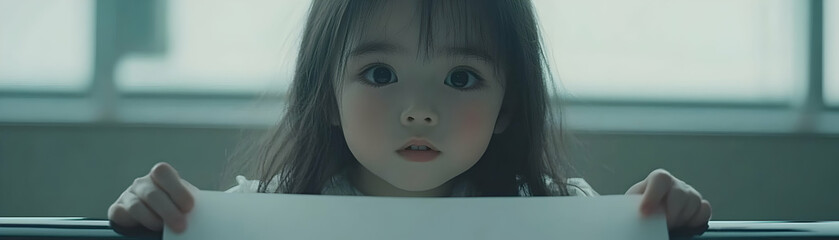 Child's Curious Gaze, Holding Blank Paper: Innocence, Mystery, Wonder