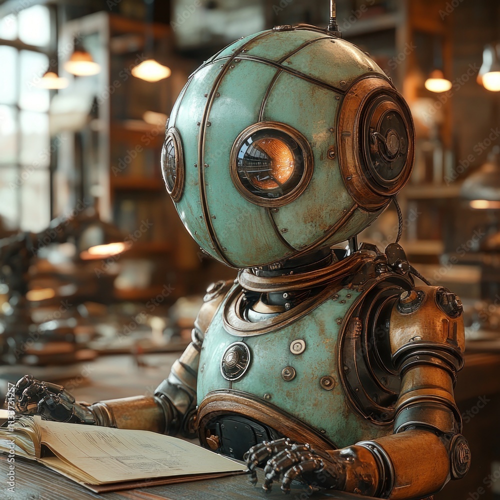 Aufkleber retro robot sits at a workbench reading a book in a workshop.