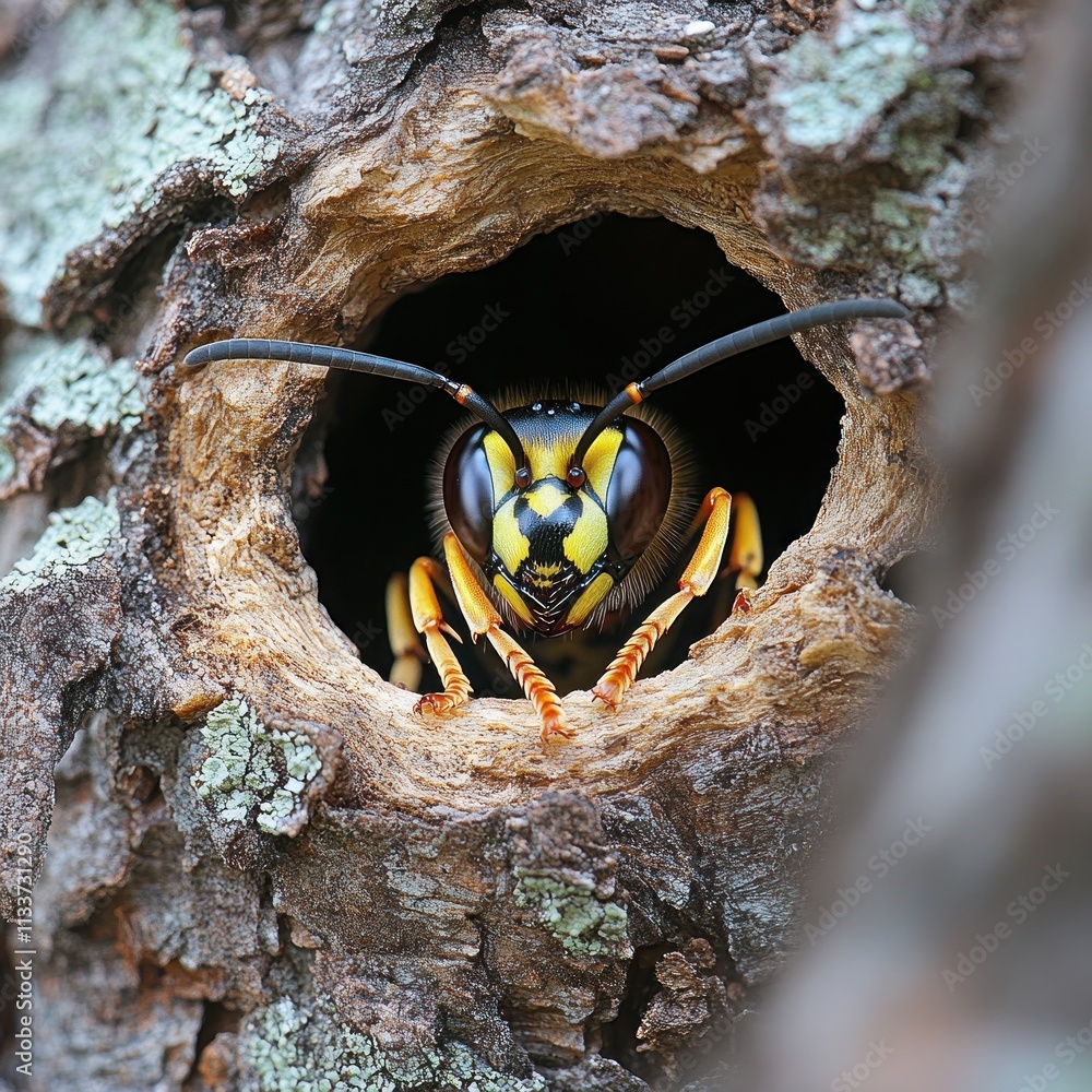 Aufkleber close-up of a wasp peering from a hole in a tree trunk.