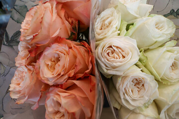 A vibrant bouquet featuring soft orange and creamy white roses, delicately arranged and wrapped in floral-patterned paper, radiating elegance and natural charm for any occasion.