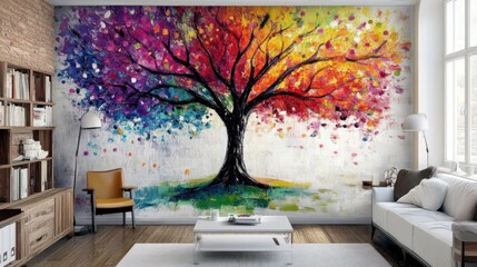 Vibrant Rainbow Tree Wall Art: A Masterpiece of Color and Texture
