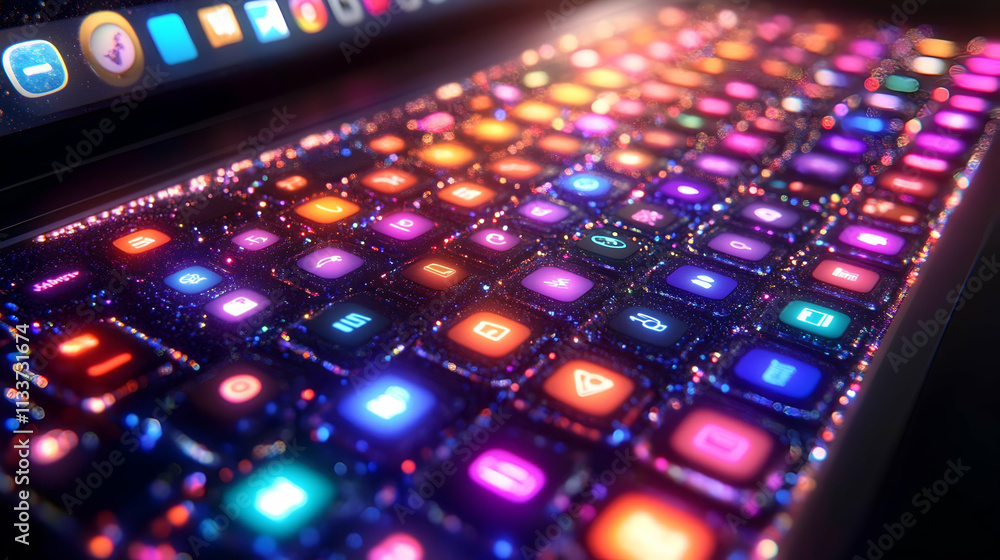 Aufkleber sparkling keyboard, digital app icons illuminate a futuristic interface, representing the modern dig