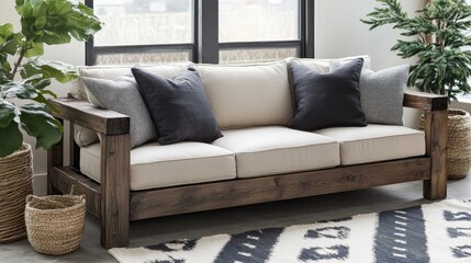 Obraz premium Modern Rustic Couch with Dark Wood Frame and Plush Cushions