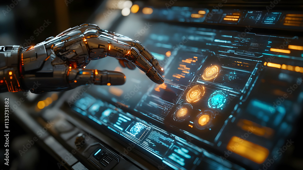 Poster a robotic hand interacts with a futuristic touchscreen interface displaying data and controls.