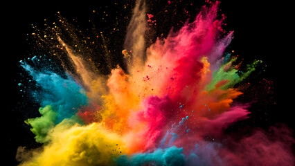 Close-up abstract colorful of powder coat explotion, dispersion on black background. Generative AI.