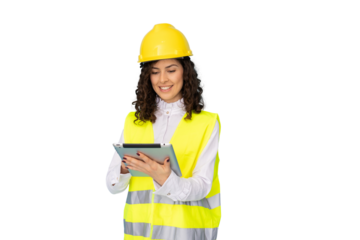 Young Latina civil engineer in protective gear using a tablet