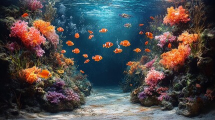 Naklejka premium Vibrant coral reef, orange fish swim.