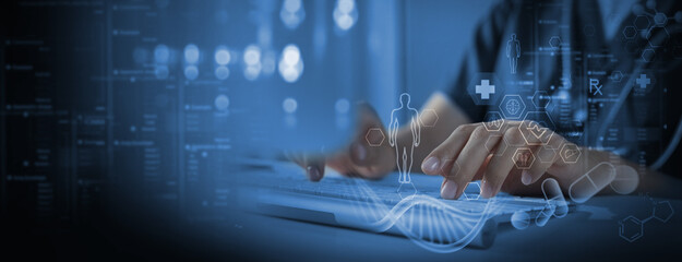 Medical technology, online health, global health network and tourism concept. Doctor using digital tablet and laptop computer with medical technology internet network, telemedicine, medical online