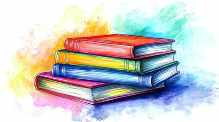 Stack of Colorful Books, A Vivid Collection of Stories, Knowledge, and Imagination, Beautifully Illustrated, Inspiring Readers.