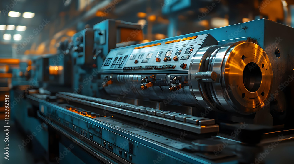 Poster a close-up of an industrial lathe machine in a workshop, showcasing precision engineering.