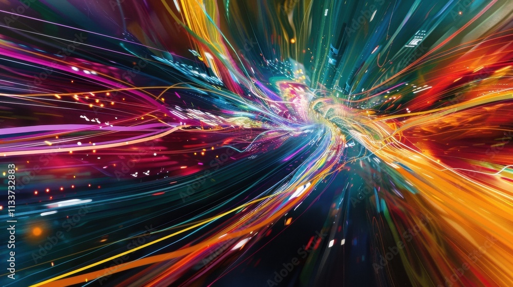 Poster colorful light trails swirling and converging, representing the dynamic flow of big data in cyberspa