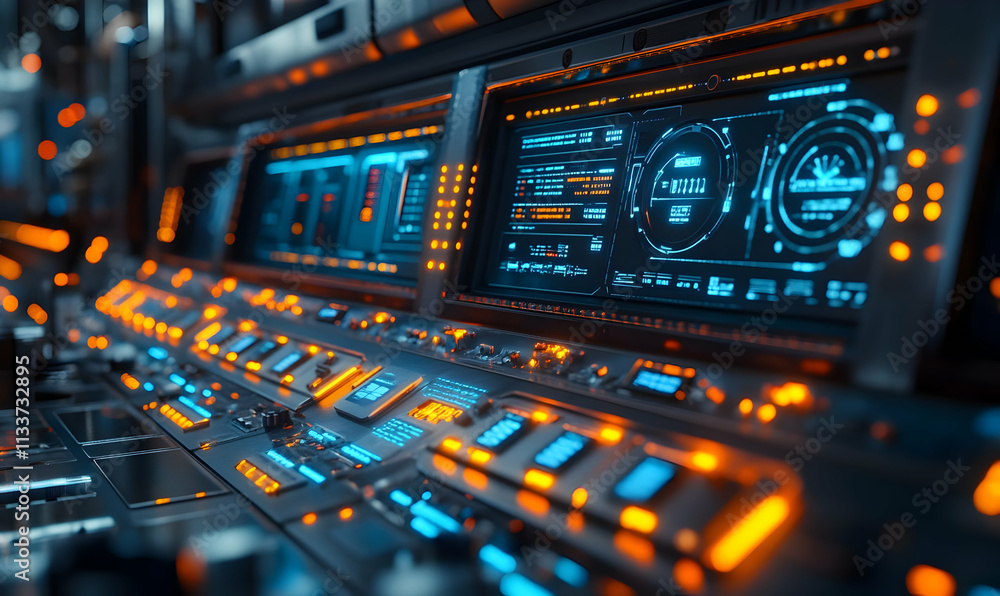 Poster high-tech control panel with illuminated screens and buttons for monitoring systems.