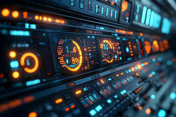 A futuristic control panel with glowing interfaces and gauges.