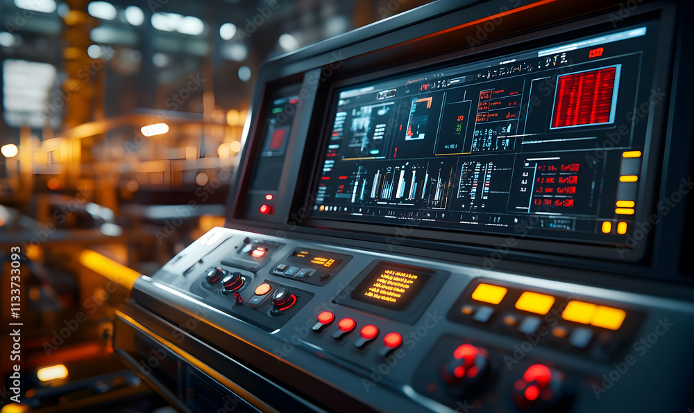 Poster control panel displaying various gauges and controls in an industrial setting.