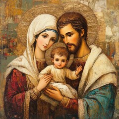 Sacred imagery in focus - icon Holy Family, Saint Mary, Joseph holding baby Jesus Christ, reflecting Christmas reverence, Easter significance, spiritual devotion, religious traditions, holy fasting. © Ирина Батюк
