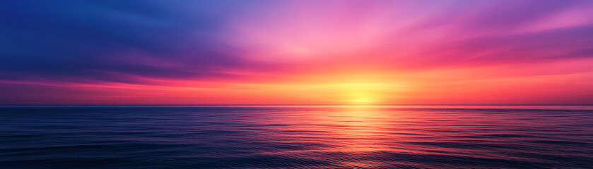 Obraz premium Sunset over calm waters, vibrant colors of pink, purple, and orange in the sky background.