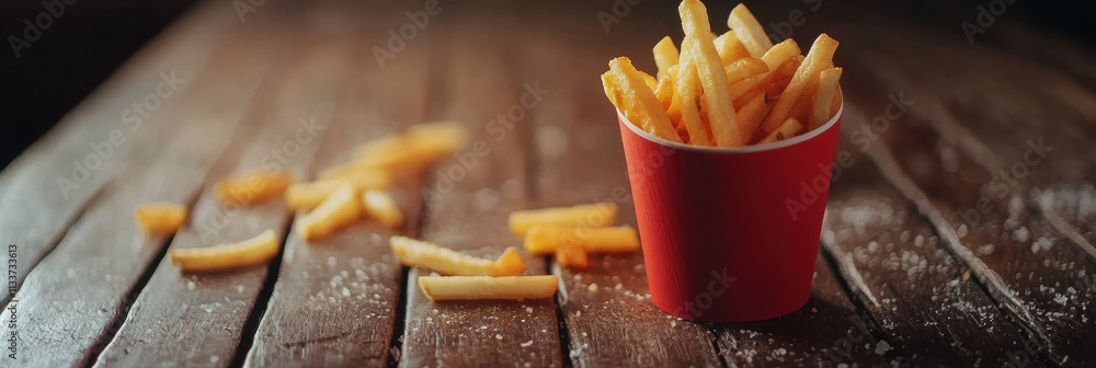 Poster crispy golden fries fill a bright red cup, resting on a wooden table with some fries scattered aroun