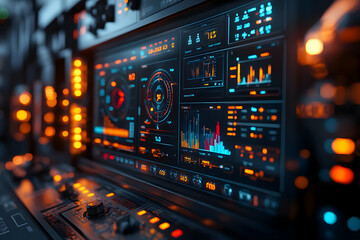 Fototapeta premium A futuristic control panel displaying data and metrics with glowing interfaces.