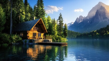 Fototapeta premium Tranquil Wooden Cabin by Serene Lake Surrounded by Majestic Mountains