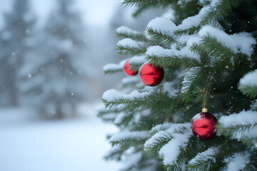 blurred christmas tree, snow, christmas, background for marketing