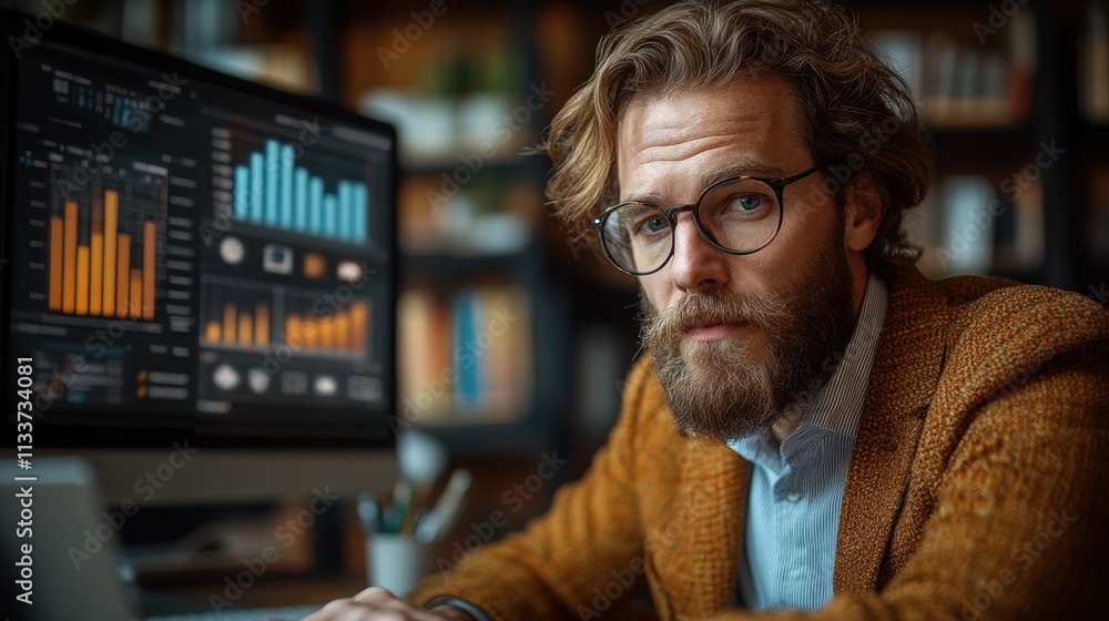 Aufkleber serious businessman working on computer, analyzing data graphs.