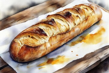 A vibrant watercolor depiction of a fresh baguette.